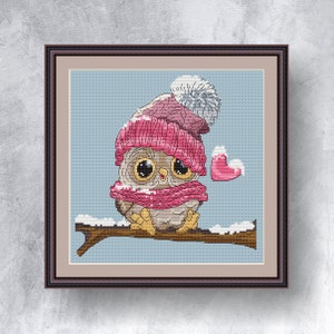 Owl with hat in the snow PDF instant download Cute owl cross stitch Christmas cross stitch Small owl pattern Fantasy chart