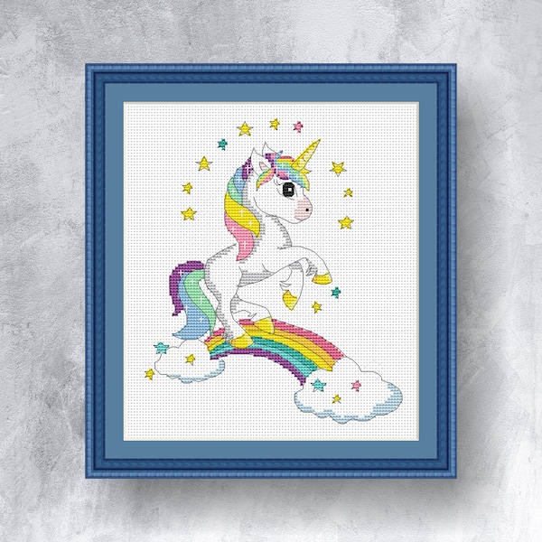 Rainbow Unicorn and clouds counted cross stitch pattern PDF instant download Cute unicorn cross stitch pattern Fantasy chart Magic unicorn