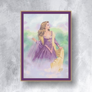 May include: Cross-stitch artwork of a woman in a purple gown with gold accents, framed in a purple and gold border. The woman has long blonde hair and is holding a yellow shawl. The background features a soft, cloudy landscape.