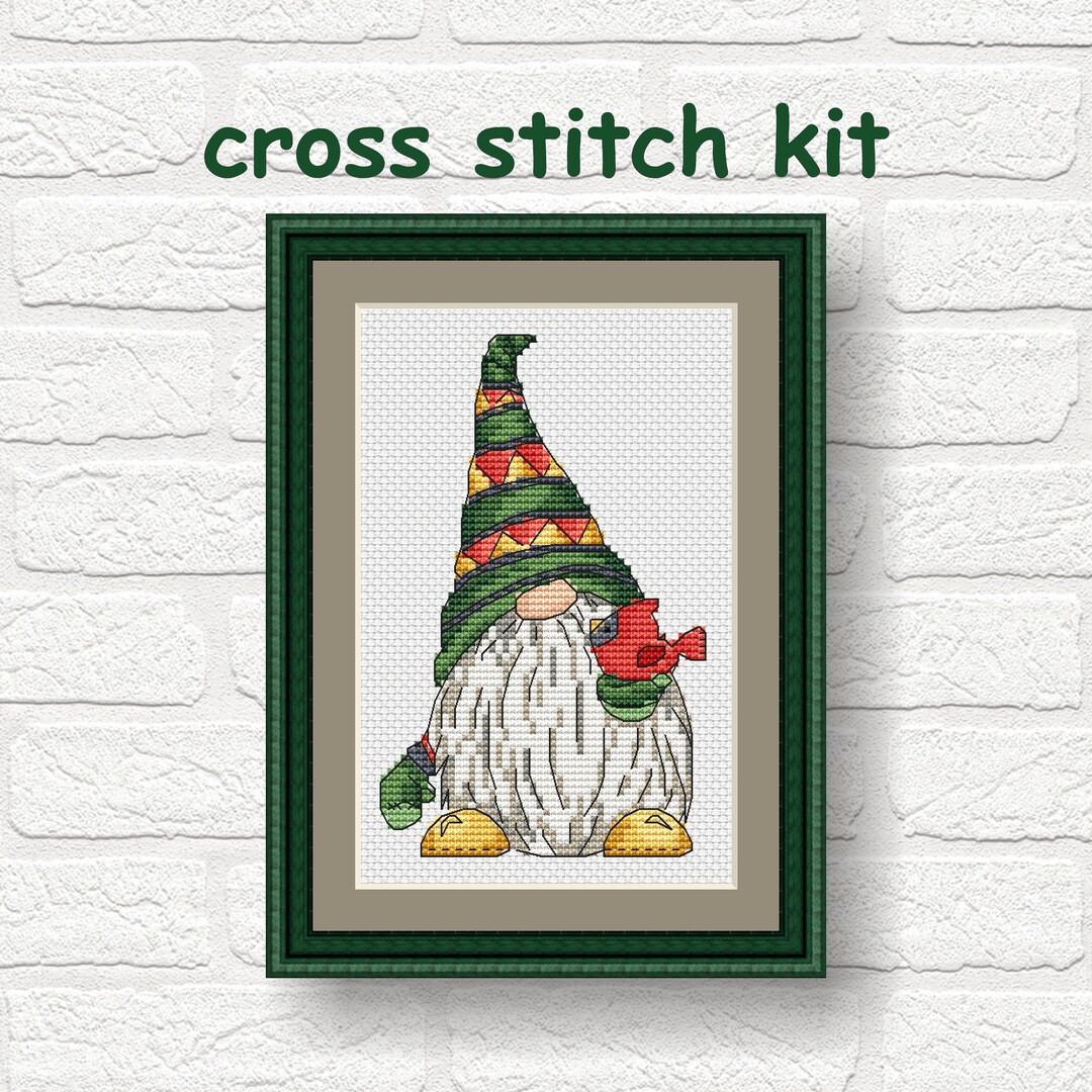 Christmas Gnome With Bird Cross Stitch Kit Christmas Gnome Etsy