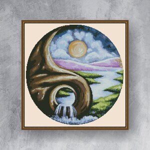 YIN and YANG counted cross stitch pattern PDF instant download Landscape cross stitch chart Art cross stitch graph