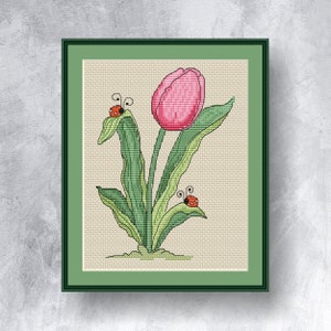 Tulip and Ladybirds cross stitch pattern PDF instant download Cute ladybird cross stitch Flowers cross stitch Small tulip pattern