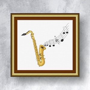SAXOPHONE with music notes cross stitch pattern PDF instant download Art cross stitch chart Music cross stitch graph
