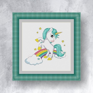 Unicorn and rainbow cross stitch pattern PDF instant download Cute unicorn cross stitch  chart Fantasy  cross stitch  graph Small unicorn