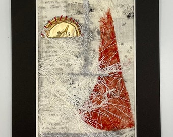 Textile painting, contemporary composition, embroidery, collage, Mixed Media