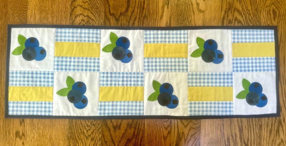 Blueberries Table Runner, Blue and White  Blueberry Table Topper, Blue and White Checkered with Blueberries Tablerunner