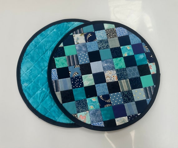 Blue Round Placemats Set of 2, Multicolor Blue Round Placemats Set of 2, Patchwork Blue Small Table toppers Set of 2