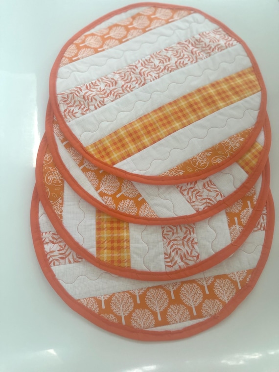 Autumn Round Placemats Set of 4, Round Placemats Orange and White Set of 4, Orange and White Stripe Placemats