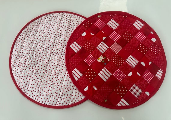 Red Round Quilted Placemats  Set of 2, Round Small Table Topper Set of 2, Patchwork Style Red Round Placemats Set of 2