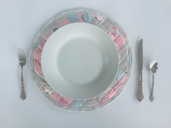 Pink and Gray Round Quilted Placemats  Set of 2, Patchwork Multicolor Placemats Set of 2,  Round Table Topper Set of 2