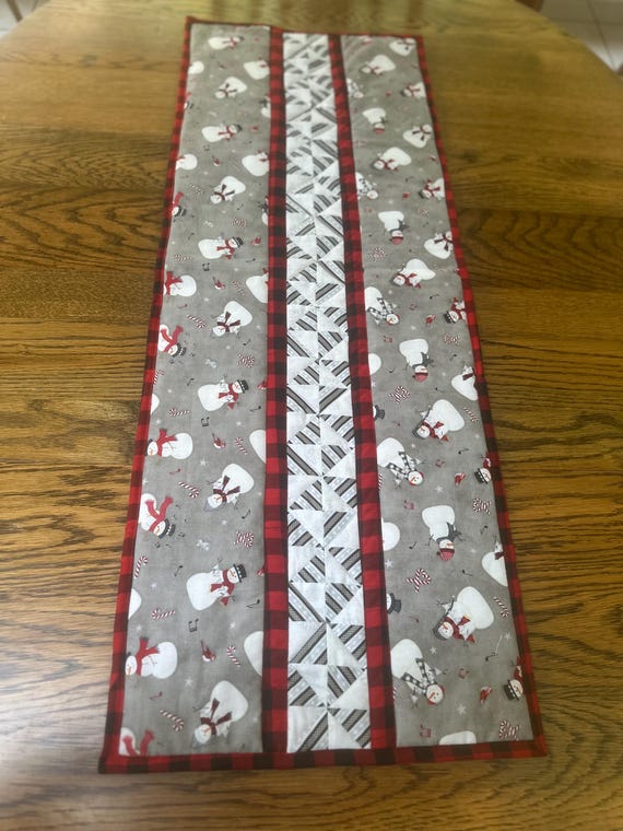 Snowman Table Runner, Red, Black, White Snowman Table Runner, Pinwheels and Snowmen Table Runner
