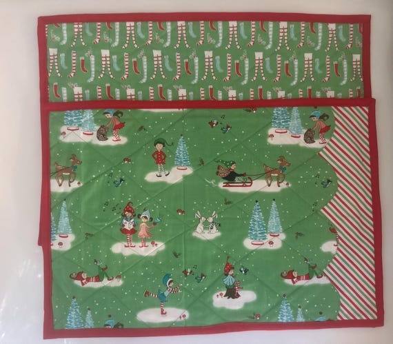 Elf Placemats Set of 2, Holiday Elves Placemats, Quilted Placemats