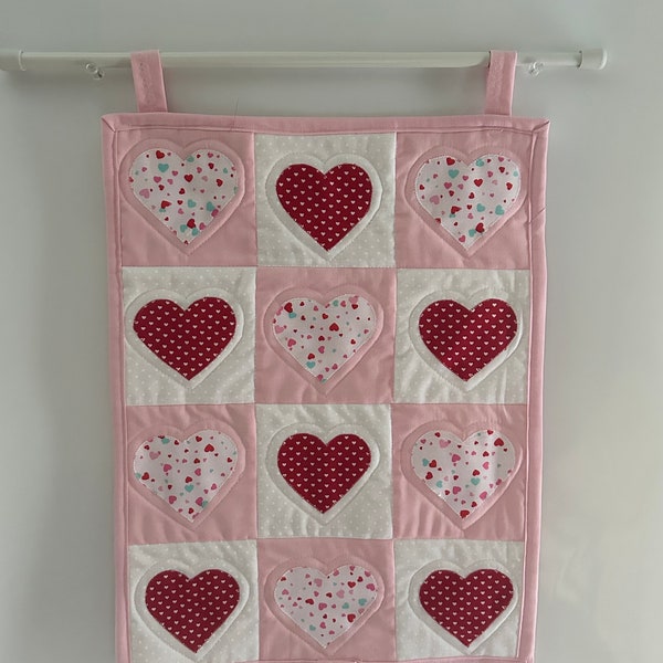 Red White and Pink Quilted Wall Hanging, Valentine’s Day Heart Wall Hanging