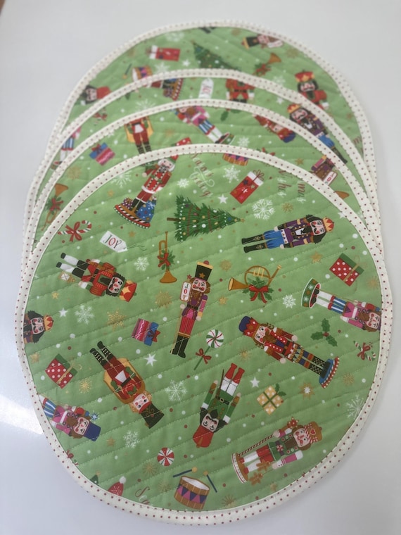 Nutcracker Round Placemats Set of 4, Holiday Placemats, Green and Red Nutcracker Placemats