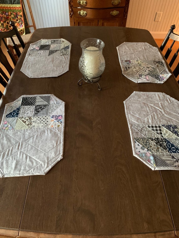 Octagon Gray, Blue and White Patchwork Quilted Placemats - Set of 4