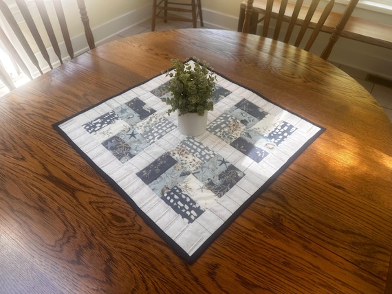 Seashell Table Topper, Summer Table Topper, Blue Gray and White Table Topper, Square Beach Theme Table Topper