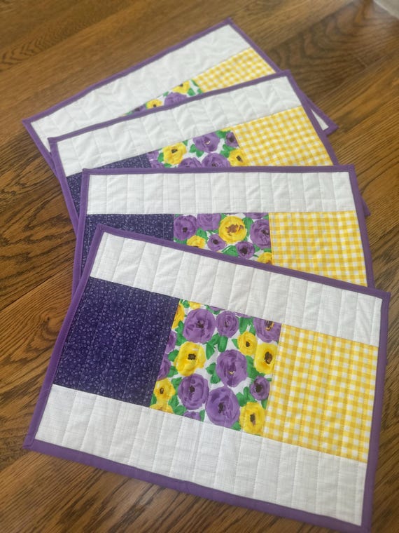 Spring Purple and Yellow Placemats, Purple and Yellow Floral Placemats, Set of 2