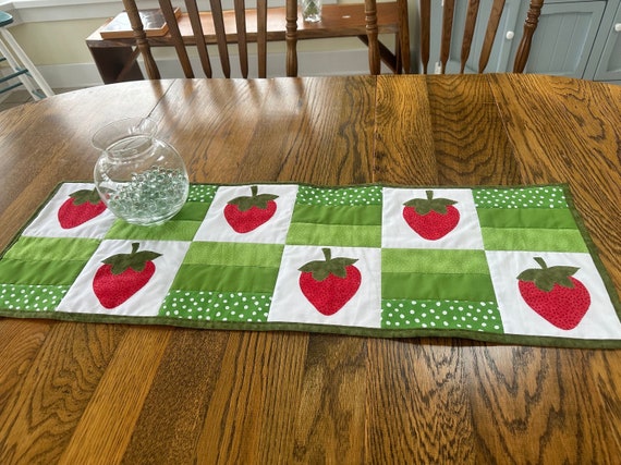 Strawberry Table Runner, Red Green and White  Strawberry Table Topper, Red Green White Plaid, Handmade Cotton Table Runner