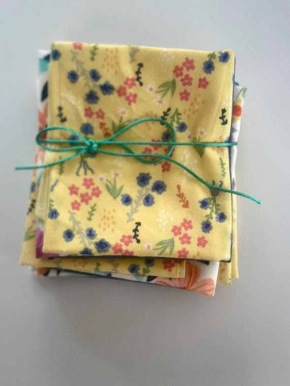 Cloth Napkins with Flowers Set of 4, Reuseable  Reversible Cloth Napkins, Yellow Blue Pink Napkins