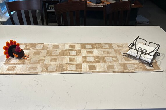 Modern Square in a Square Tan Ombre Table Runner, Tan Beige Offwhite Table Runner,