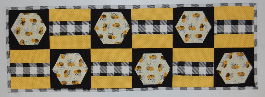 Bees Table Runner, Bees Black and Yellow Quilted Honeycomb Table Runner ...