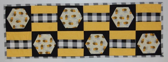 Bees Table Runner, Bees Black and Yellow Quilted Honeycomb Table Runner