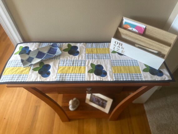 Blueberries Table Runner, Blue and White  Blueberry Table Topper, Blue and White Checkered with Blueberries Tablerunner