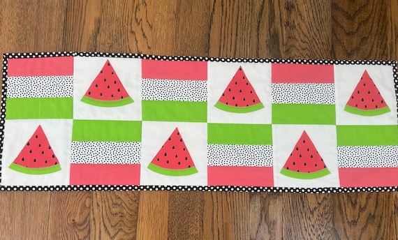 Watermelon Table Runner, Summer Table Runner,  Black Spots White Coral Green Watermelon Table Topper,