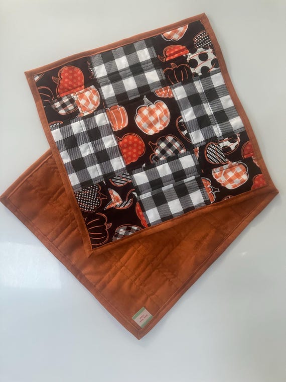 Quilted Pumpkin Placemats (Set of 2): Black and White Check, Autumn Orange