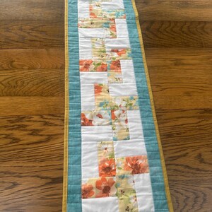 Coral Blue and White Quilted Table Runner, Floral Table Runner