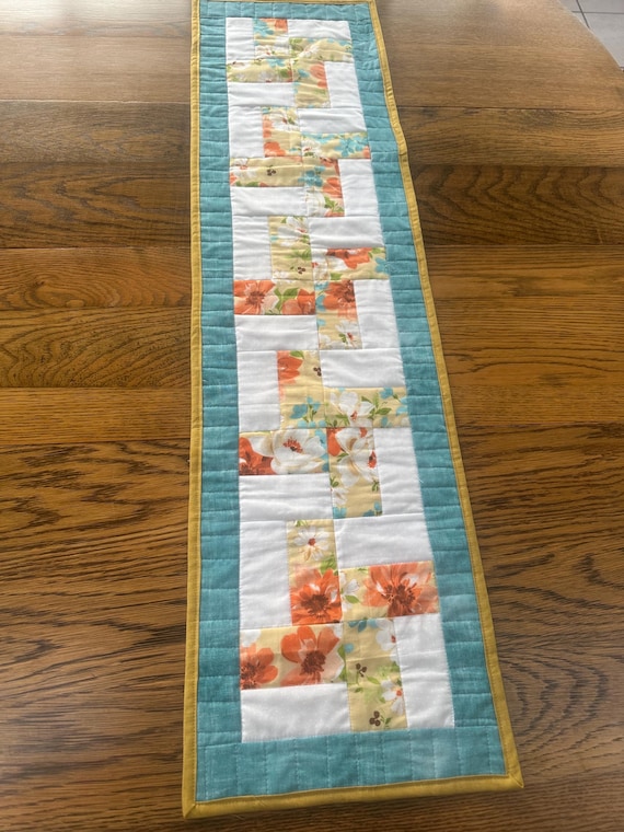 Coral Blue and White Quilted Table Runner, Floral Table Runner