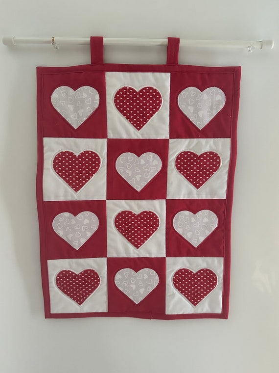 Valentines Day Heart Wall Hanging, Red and White Heart Quilted Wall Hanging