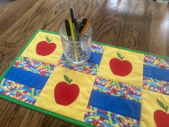 Apple and Pencils Back to School Table Runner, Primary Color Tablerunner, Red Apple Table Topper