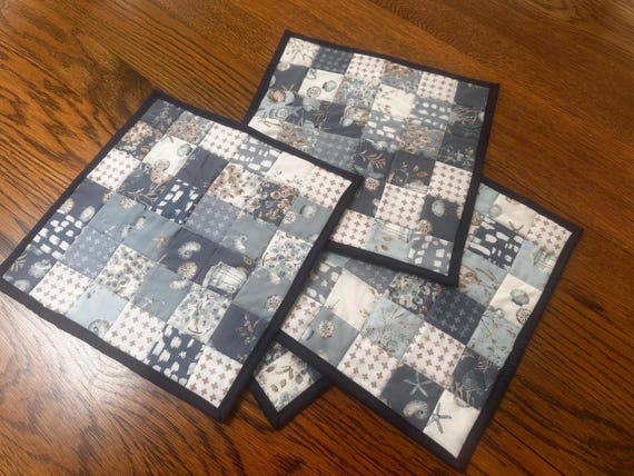 Quilted Beach Theme Patchwork Blue Grey Placemats, Square Seashell Placemats