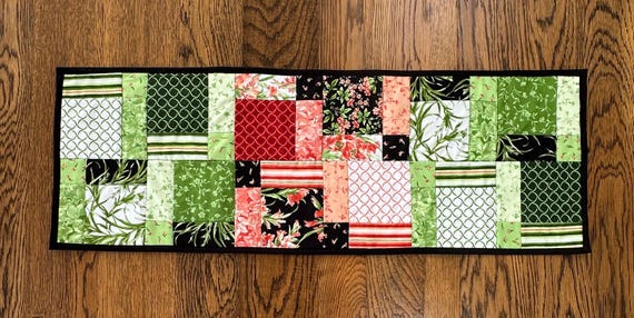 Jewel Tone Green Coral and Black Tablerunner, Green and Coral Table Runner