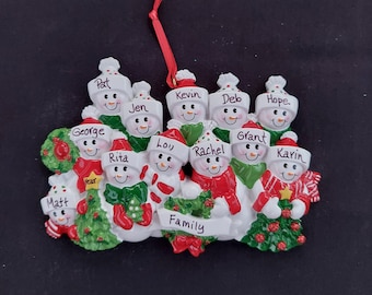 Personalized  Large Family of 12 or  Group of 12,  Neutral Gender Snowman Ornament--Free Shipping