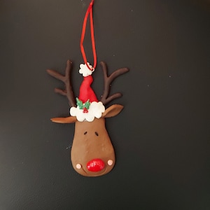 Reindeer Polymer Clay Ornament, Rudolph the Red Nose Reindeer Handmade Personalized  Ornament---Free Shipping