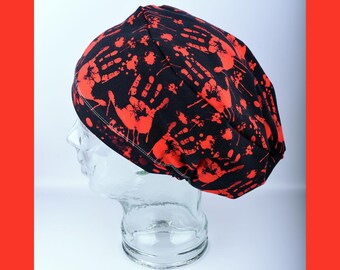 Scary Halloween Bloody Handprints Scrub Cap: Stretchy Cotton Full Coverage Nurse Hat