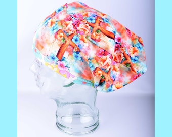 Watercolor Cross Full Coverage Scrub Cap | Stretchy Christian Faith Medical Hat for Nurses