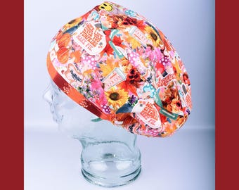 Fall Days Stretchy Full Coverage Scrub Cap, Soft Elastic Adjustable Autumn Surgical Hat