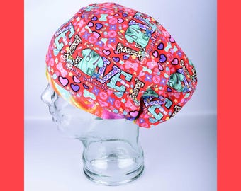 Love My Patients Nurse Scrub Cap, Red Hearts Stretchy Full Coverage Scrub Hat