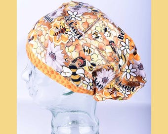 Bee Kind Scrub Cap: Yellow Honeybee Floral Adjustable Full Coverage Surgical Hat for Women