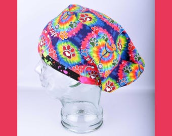 Veterinarian Scrub Cap: Colorful Rainbow Tie Dye Full Coverage Surgical Hat