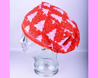 Pink Christmas Trees Scrub Cap, Stretchy Full Coverage Holiday Surgical Hat, Adjustable Toggle