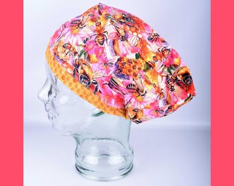 Full Coverage Scrub Cap with Cord Lock, Summer Bees and Honey Floral Surgical Hat