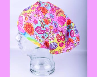 Butterfly Floral Scrub Cap | Colorful Flowers Surgical Hat for Nurses
