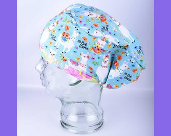 Funny No Prob Llama Floral Scrub Cap, Stretchy Cotton Surgical Hat for Women