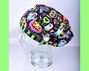 Neon Halloween Scrub Cap – Pumpkin, Ghost, Spooky Nurse Hat (Handmade)