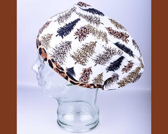Leopard Christmas Scrub Cap Stretchy Winter Evergreen Trees Euro Full Coverage Scrub Hat