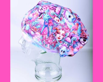 Pastel Candy Dreams Full Coverage Scrub Cap | Fantasy Cat and Dog Surgical Hat